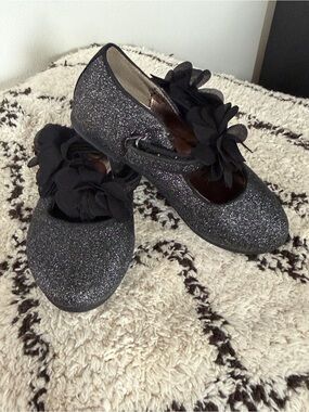 Girls Black Glitter Mary Jane Dress Shoes Floral Strap Size 10 ENZO party